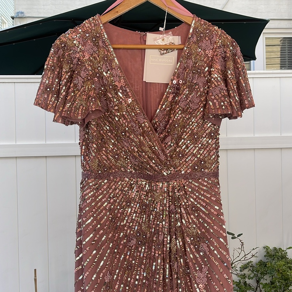 Mac Duggal - Purple Embellished Faux Wrap Flutter Sleeve Dress Size 8 - Picture 4 of 17